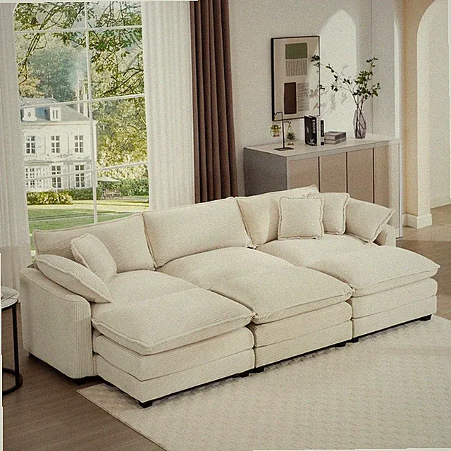 Light Beige Corduroy Sleeper Sectional Sofa with Ottomans, 3 Seats