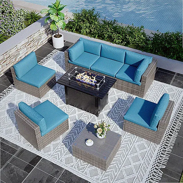 Light Blue 8-Piece Outdoor Patio Furniture Set with Fire Pit Table