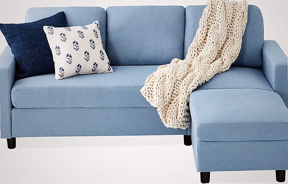 Light Blue Upholstered Sectional Sofa with Chaise Lounge 3 Seat L Shape Ottoman