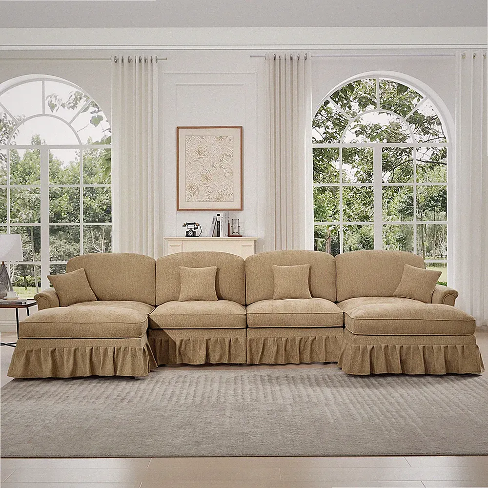 Light Coffee Chenille Sectional Sofa 4-Seat, Removable Ruffles, 2 Styles
