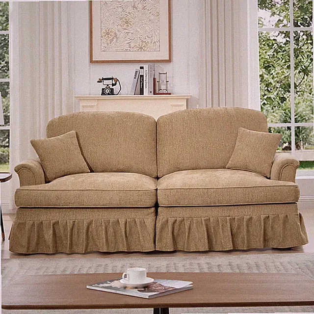 Light Coffee Chenille Sofa, 2-Seat Loveseat, Removable Skirt