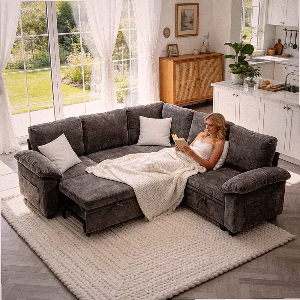 Light Gray 5-Seater L-Shaped Sectional Sofa Bed With Storage Ottoman And Pull