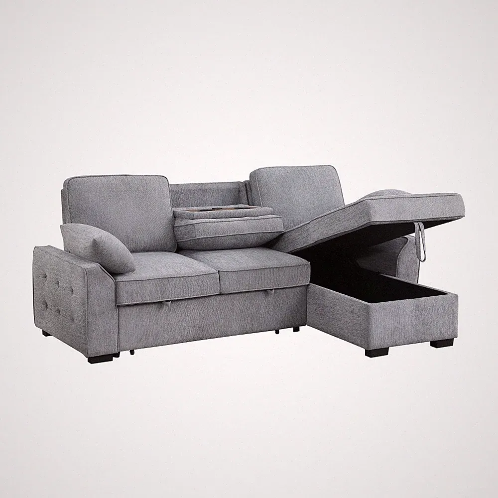 Light Gray 91"W Reversible Sleeper Sectional Chenille Storage Chaise & Table
