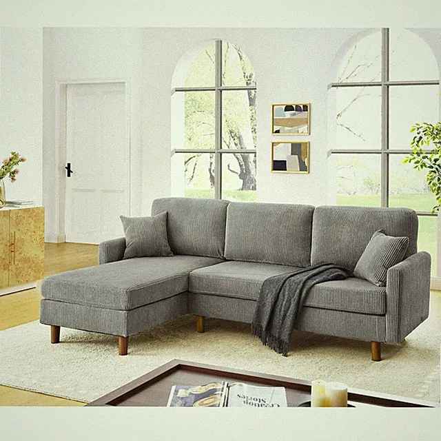 Light Gray Corduroy 3-Seat Sectional Sofa 92.5"L x 58"W x 35"H