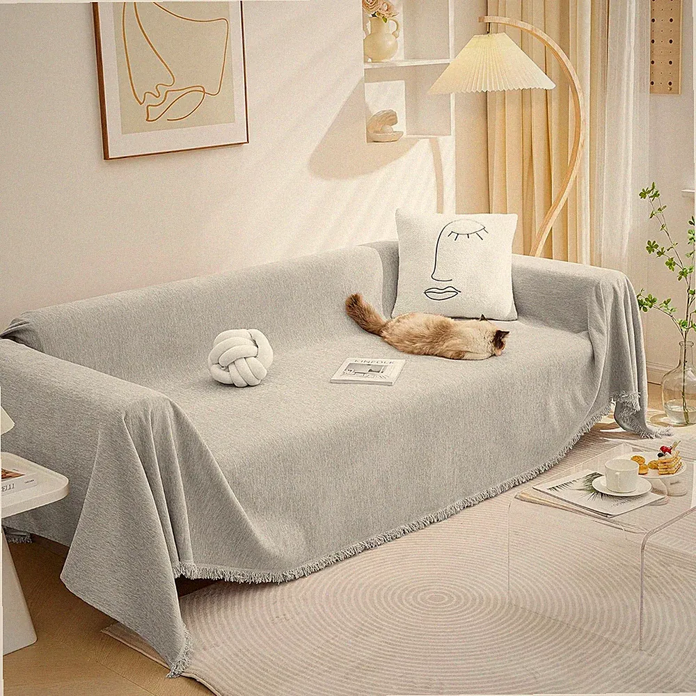 Light Gray Couch Cover for Pets, Washable Chenille, Fits 3 Cushion Sofas