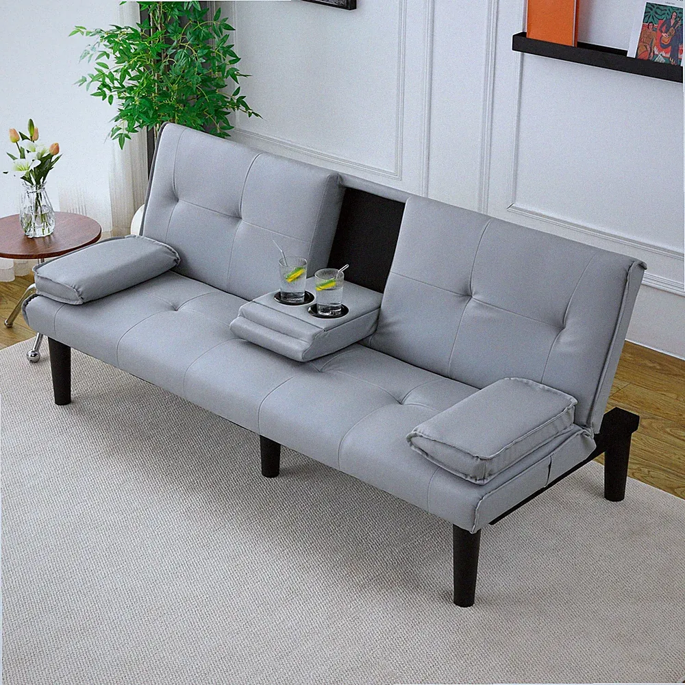 Light Gray PVC Sofa Bed 67" Foldable with Cup Holder