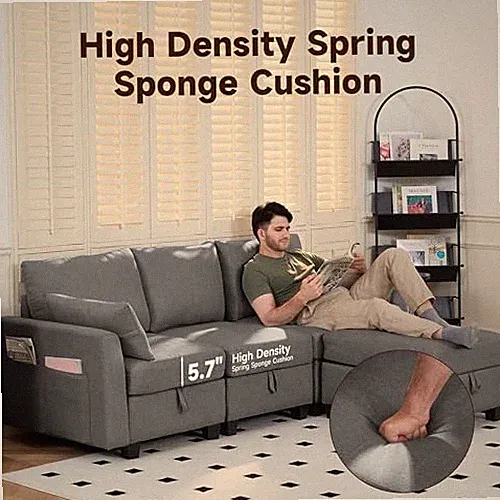 LIGHT GRAY - REAL RELAX OTTOMAN CONVERTIBLE SECTIONAL SOFA COUCH, LINEN FABRIC