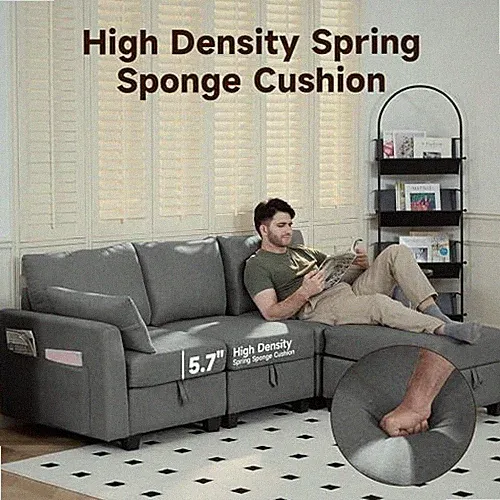 LIGHT GRAY - REAL RELAX OTTOMAN CONVERTIBLE SECTIONAL SOFA COUCH, LINEN FABRIC