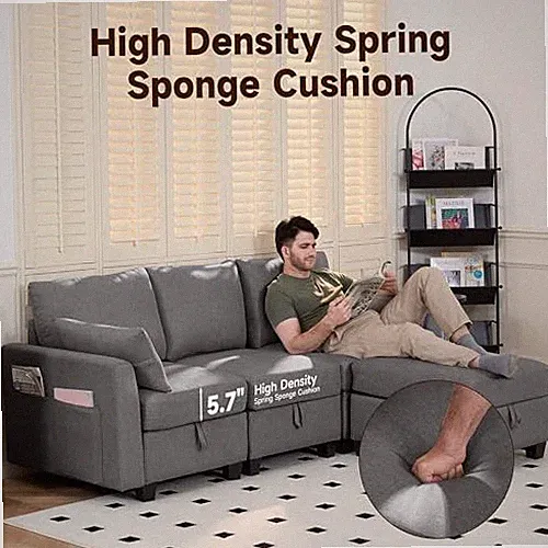 LIGHT GRAY - REAL RELAX OTTOMAN CONVERTIBLE SECTIONAL SOFA COUCH, LINEN FABRIC