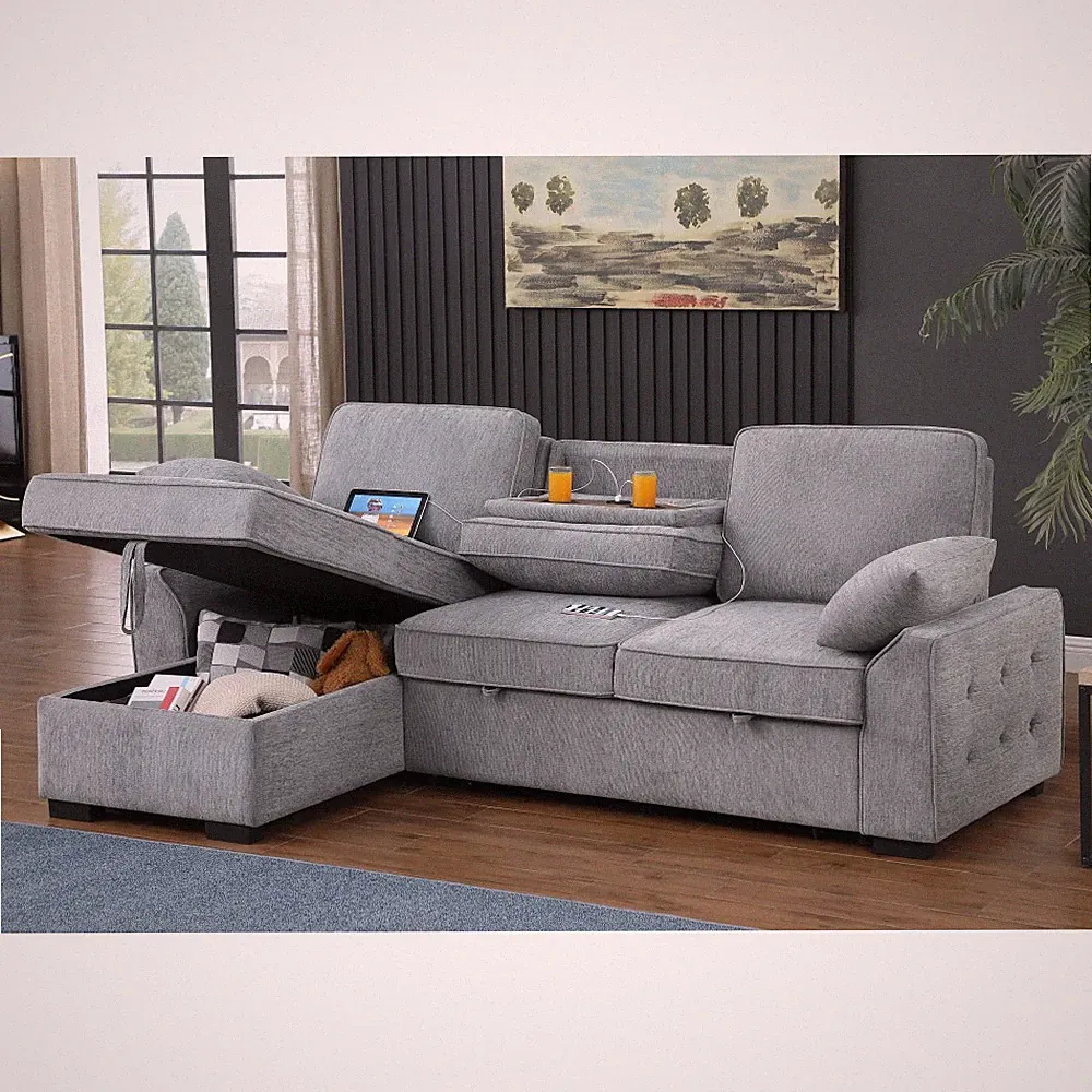 Light Gray Reversible Sleeper 91"W Sectional Chenille Storage Chaise & Table
