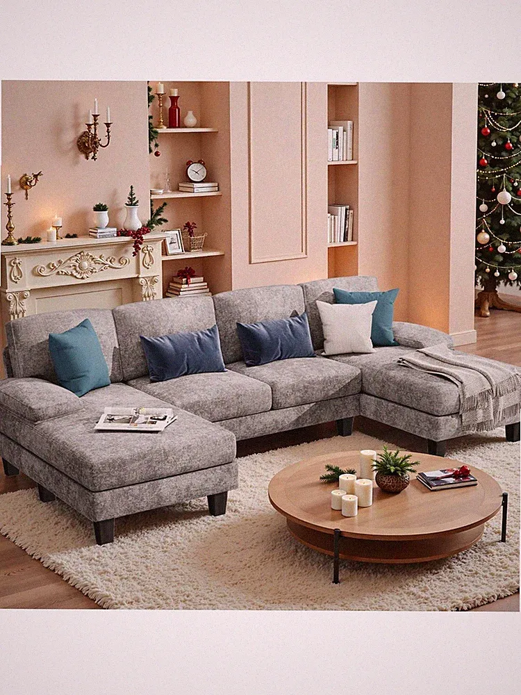 Light Gray U-Shaped Sectional Sofa With Adjustable Backrest And Sleeper功能