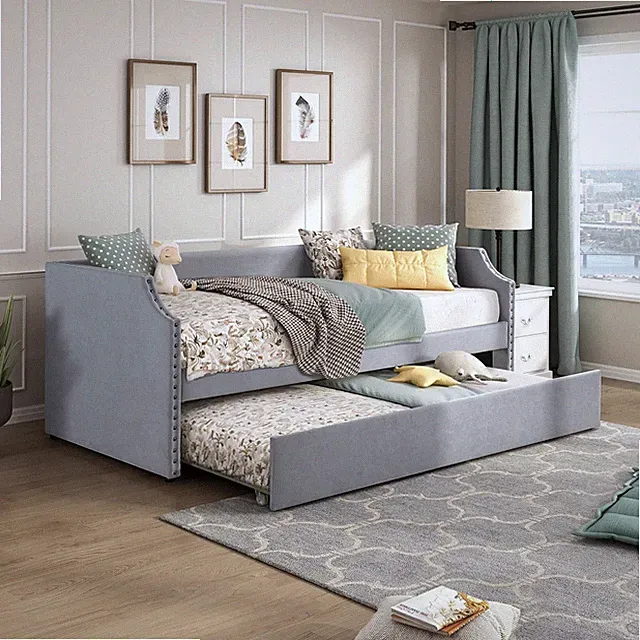 Light Gray Upholstered Daybed with Trundle, No Box Spring Needed