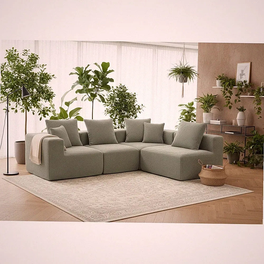 Light Green Flannelette Sectional Sofa, Modular 4-Seater Soft Foam Couch