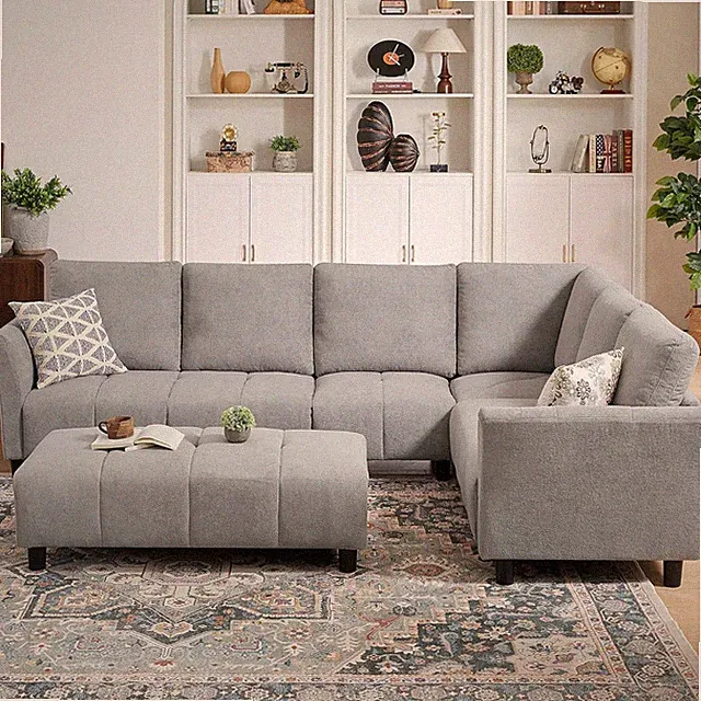 Light Grey 102" L-Shaped Sectional Sofa with Ottoman - Seats 6