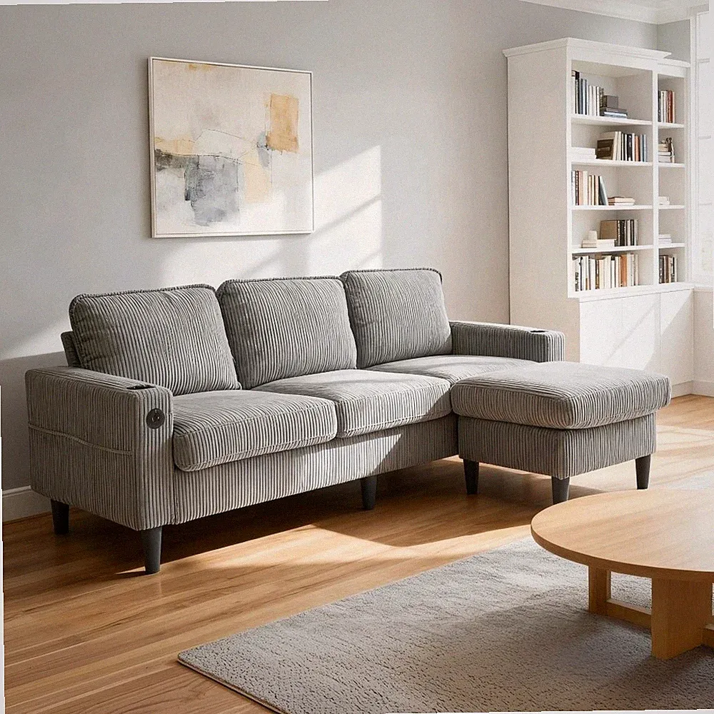 Light Grey 3-Seat Sectional Sofa – L-Shaped with Storage Ottoman, Compact Design