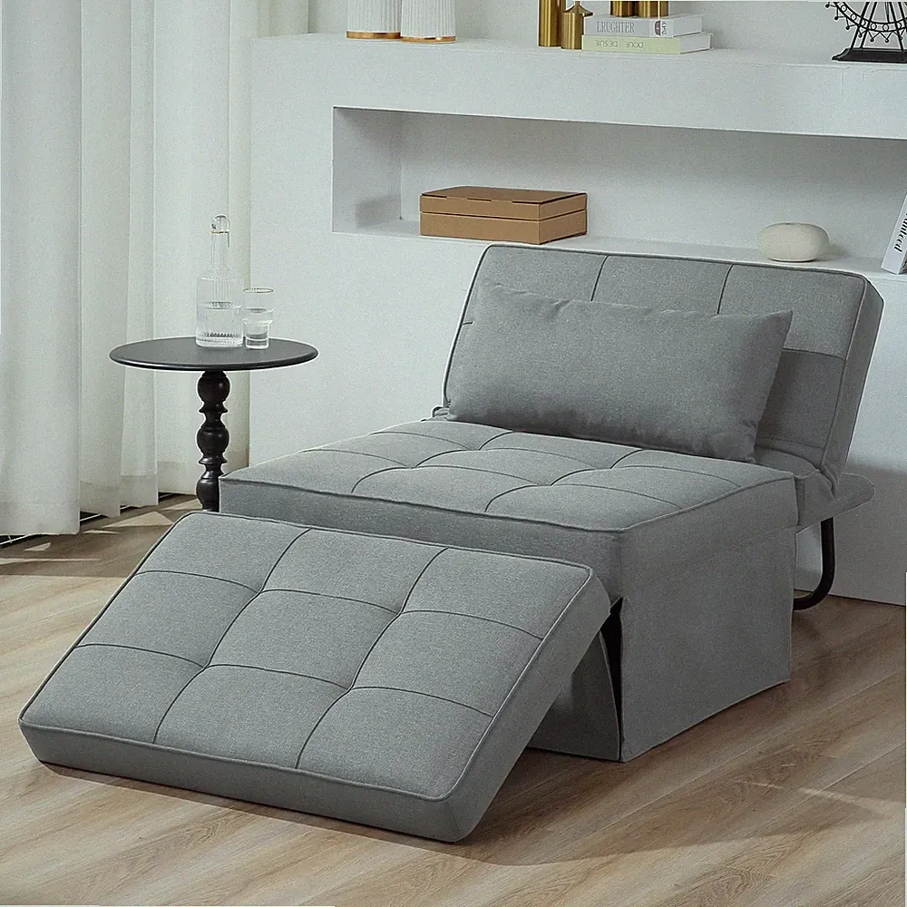 Light Grey 4-In-1 Convertible Sofa Bed With Adjustable Backrest And Ottoman