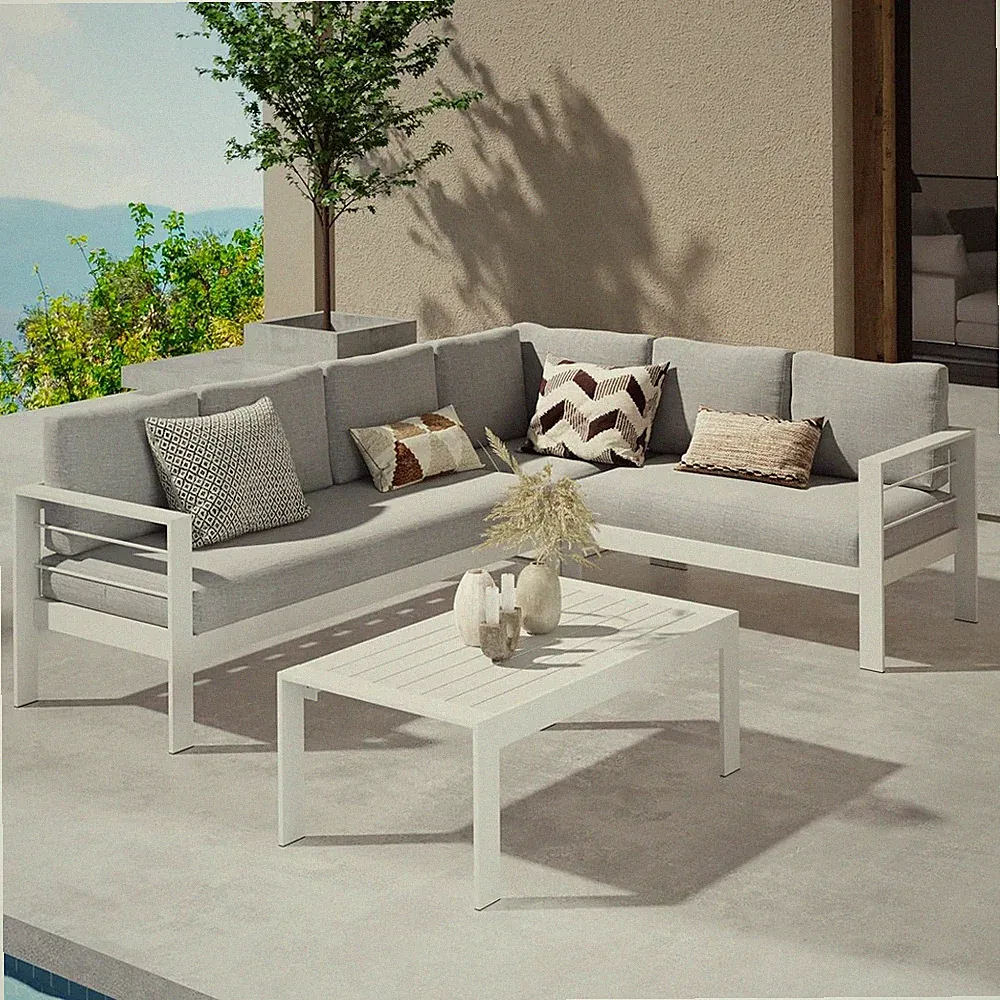 Light Grey Aluminum Outdoor Sectional Sofa Set with Coffee Table