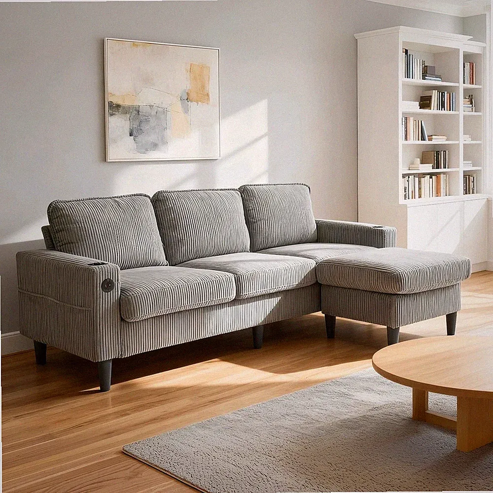 light grey color knock down 3-seat combo sofa w/storage ottoman for living room