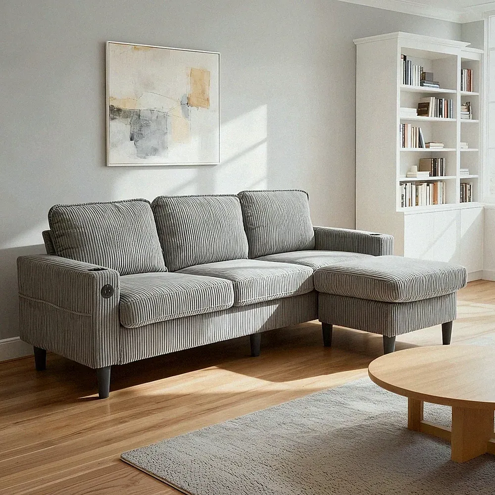 light grey color knock down 3-seat combo sofa with storage ottoman for living ro