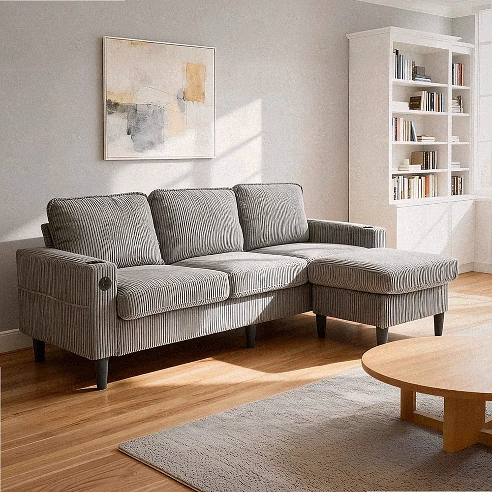 light grey color knock down 3-seat combo sofa with storage ottoman for living ro