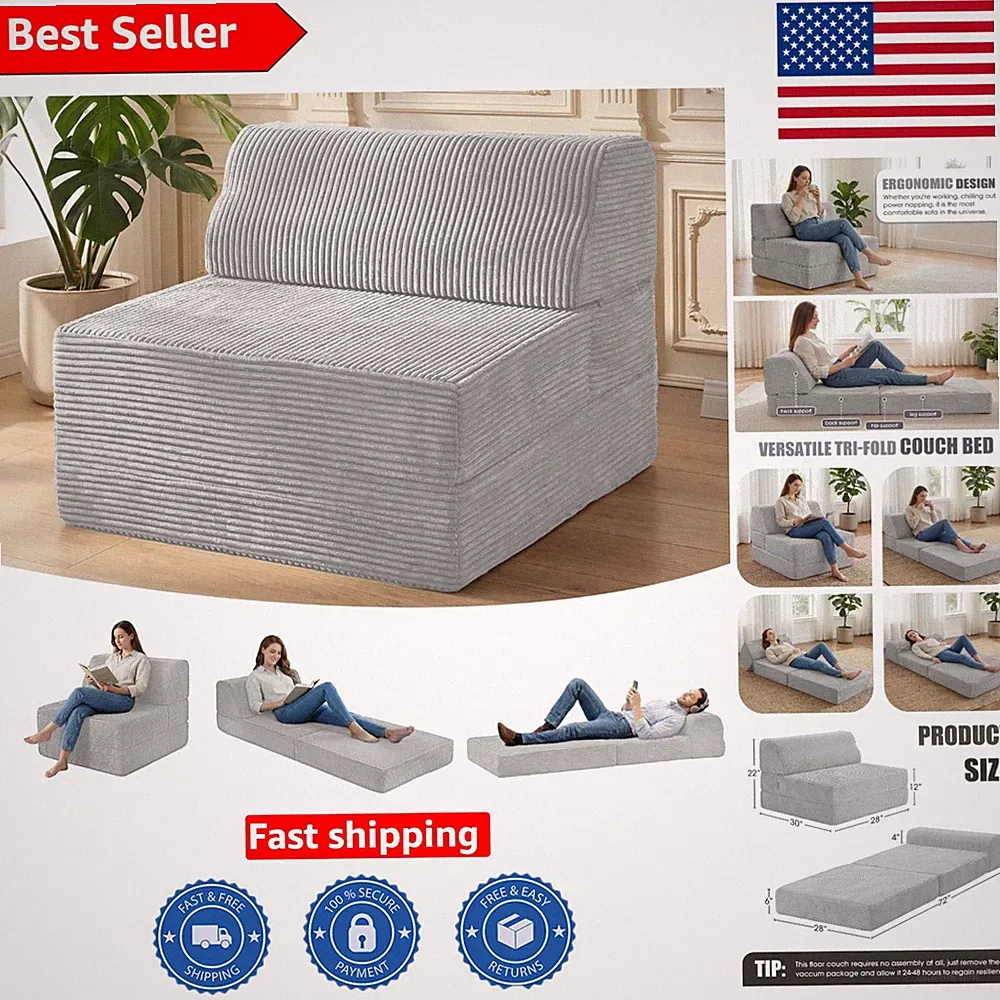 Light Grey Folding Sofa Bed - Memory Foam Convertible Chair for Small Spaces