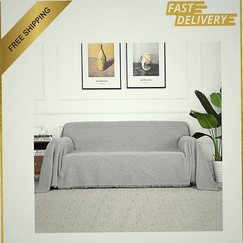 Light Grey Geometrical Sofa Cover, Microfiber Couch Slipcover for Sectional