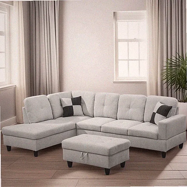 Light Grey L-Shaped Sectional Sofa with Storage Ottoman for Living Room