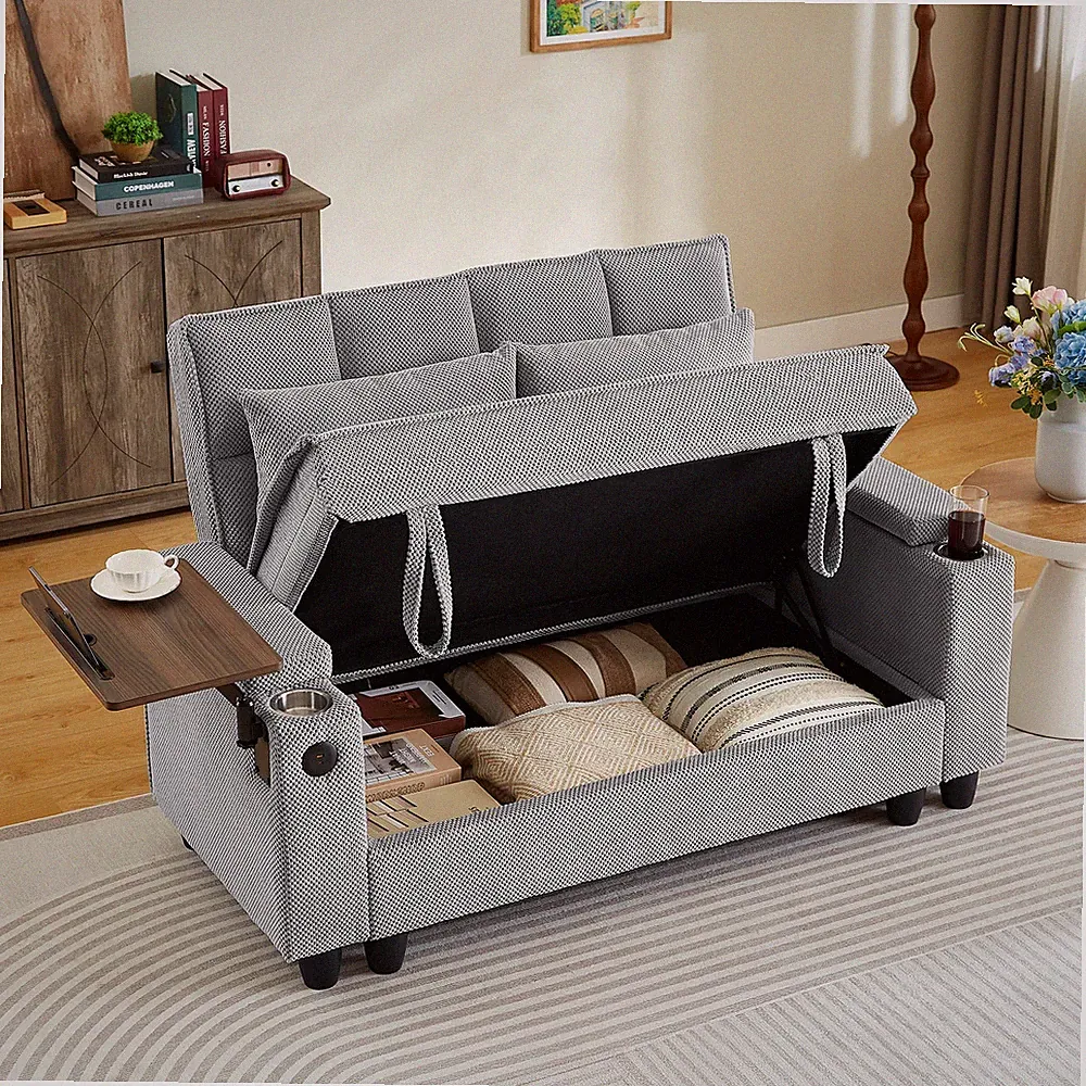 LIGHT GREY Loveseat Sofa w/Storage ,USB Ports,Cup Holder and Swivel Side Table