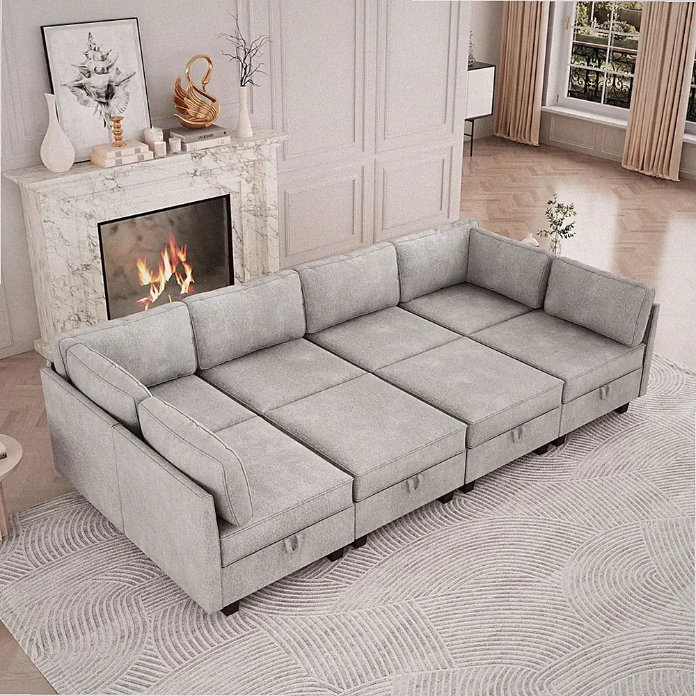 Light Grey Sectional Couch Bed with Storage, 4 Person Big Comfy and Soft Memory