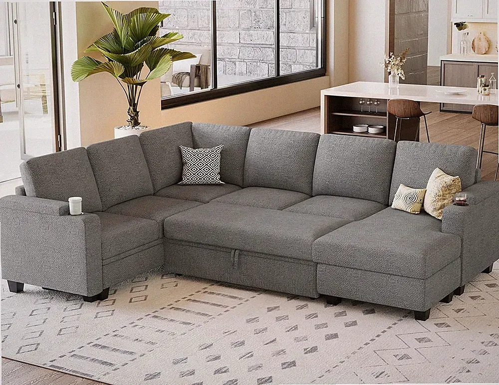 Light Grey U-Shaped Sleeper Sofa Sectional with Storage Chaise for Living Room