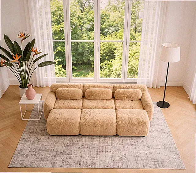 Light Khaki 6-Seater Modular Sofa Bed with Movable Ottoman for Living Room