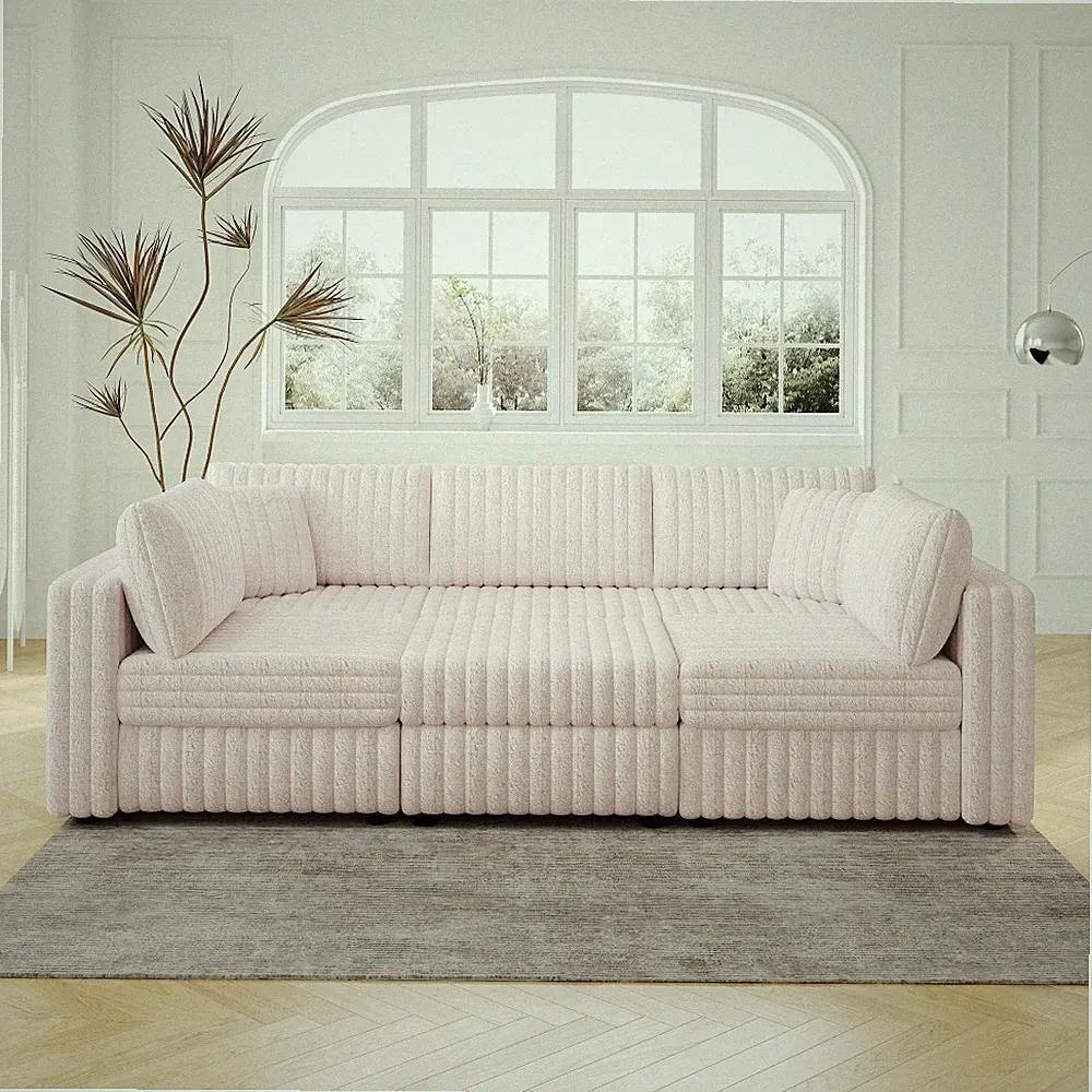 Light Pink 6-Seater U-Shaped Sectional Sofa with Ottoman, Microfiber