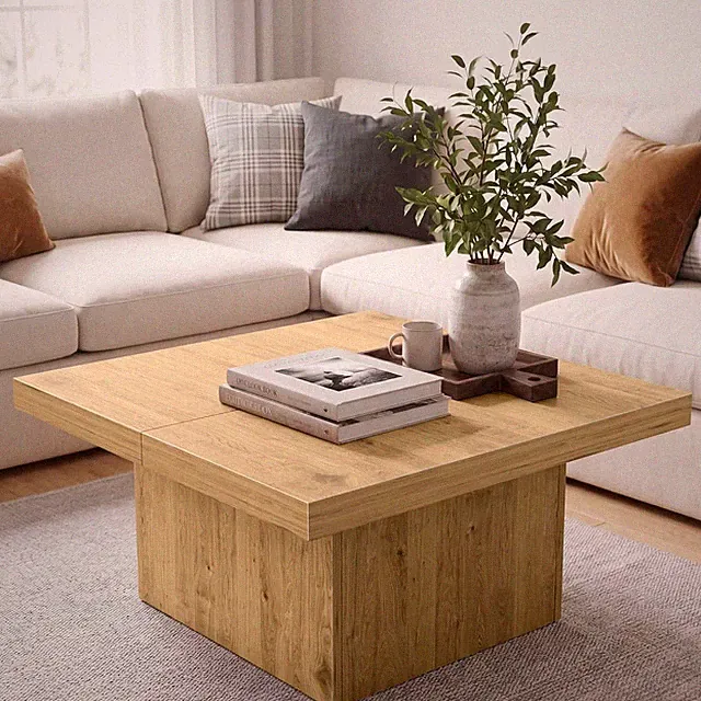 Light Walnut 35.5 Inch Square Coffee Table, Modern Organic Farmhouse Coffee Tabl