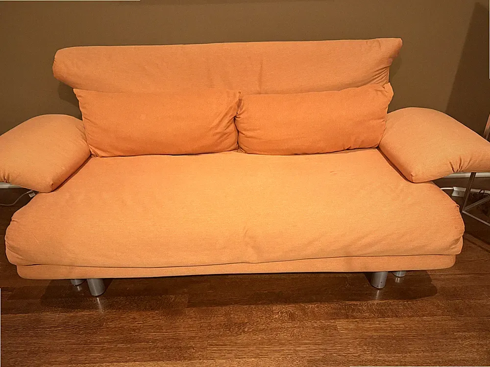 Ligne Roset Multy Sofa Bed with Arms in Orange with West Elm burnt orange chair