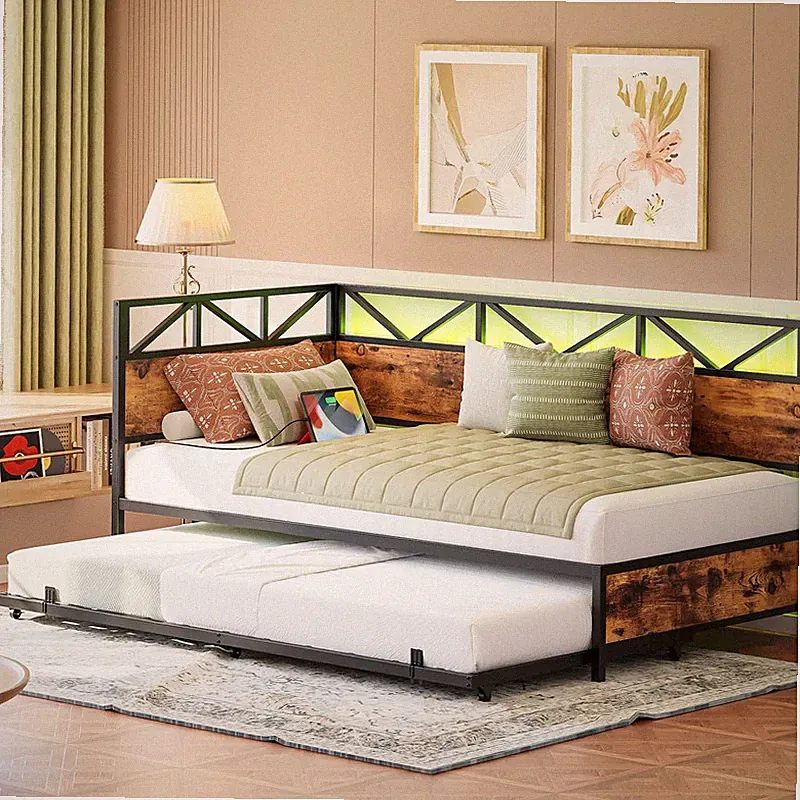 Likimio Daybed Trundle Sofa Day Bed Charging Station And Led Lights Trundle Bed