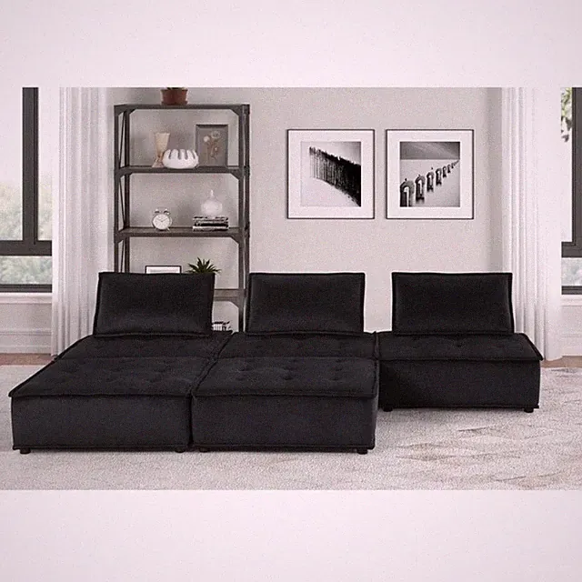 Lilola Home Anna Velvet 5 Piece Sectional Sofa Ottoman with Tufted Seat in Black