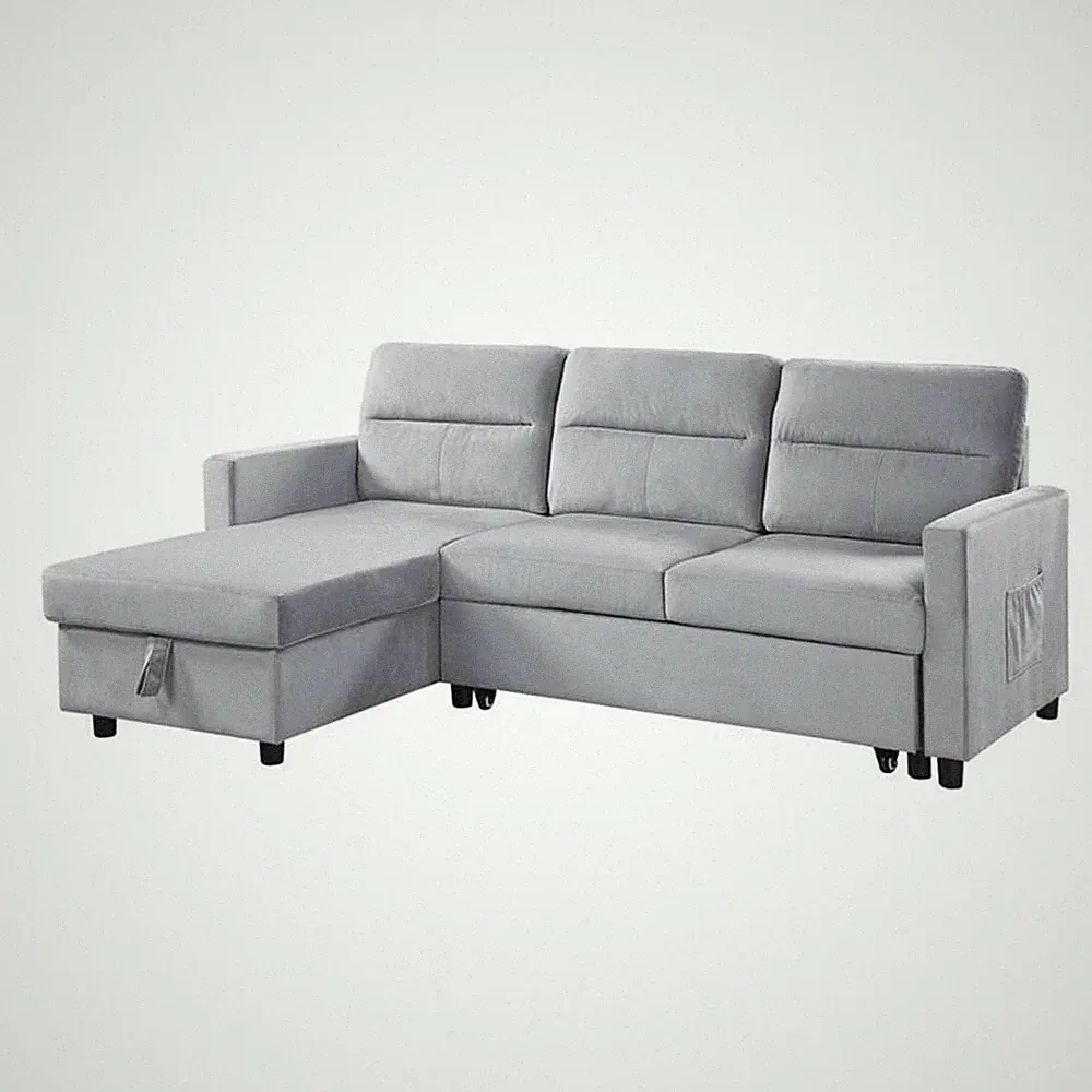 Lilola Home Ivy Velvet Reversible Sleeper Sectional with Storage in Light Gray