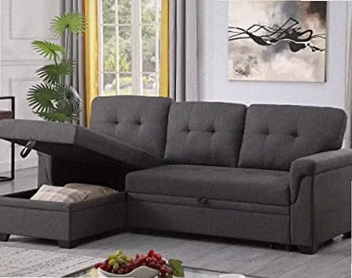 Lilola Home Lucca Dark Gray Linen Reversible Sleeper Sectional Sofa with Storage