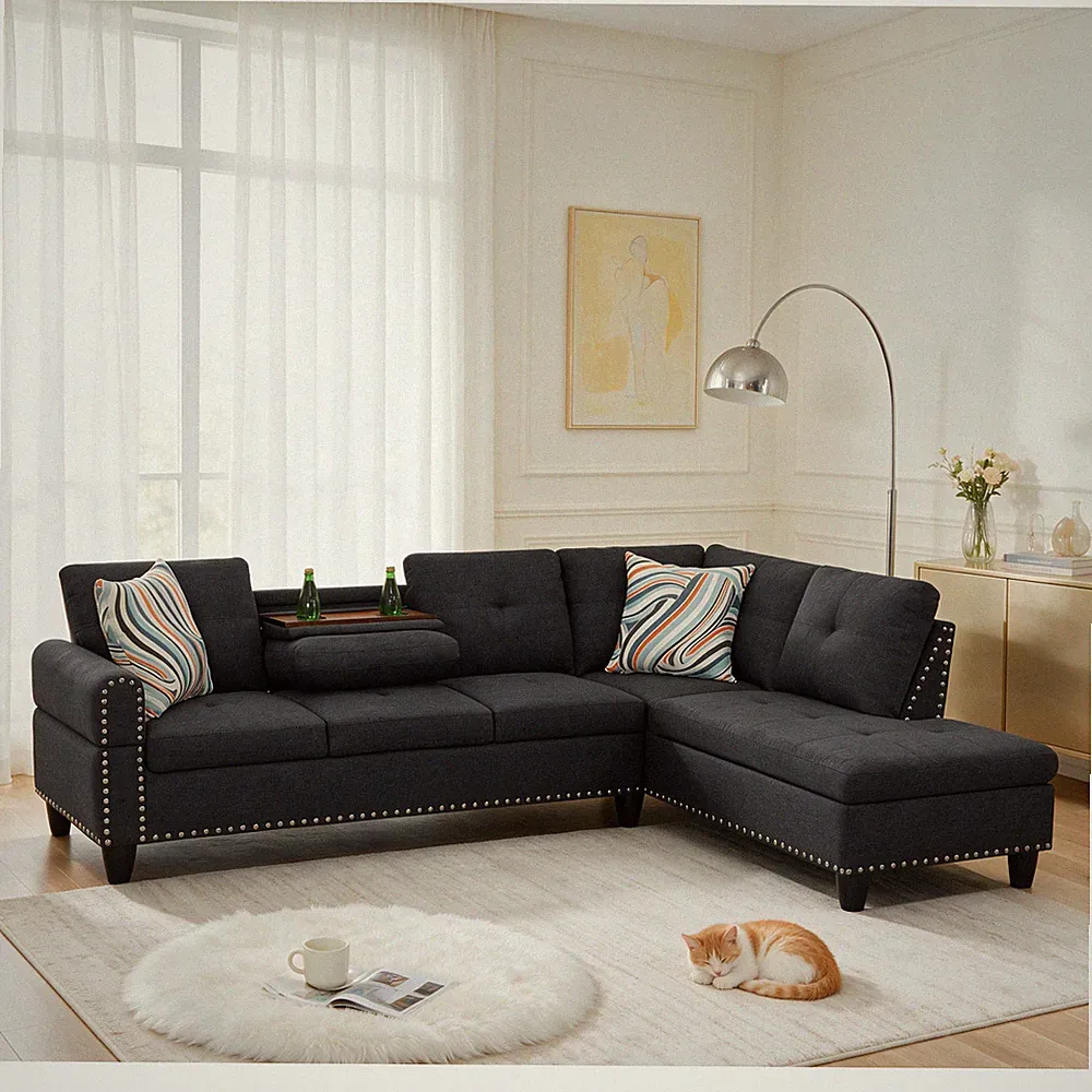 Linen 4-Seater Sectional Sofa with Cup Holder Side Tray, Reversible Chaise