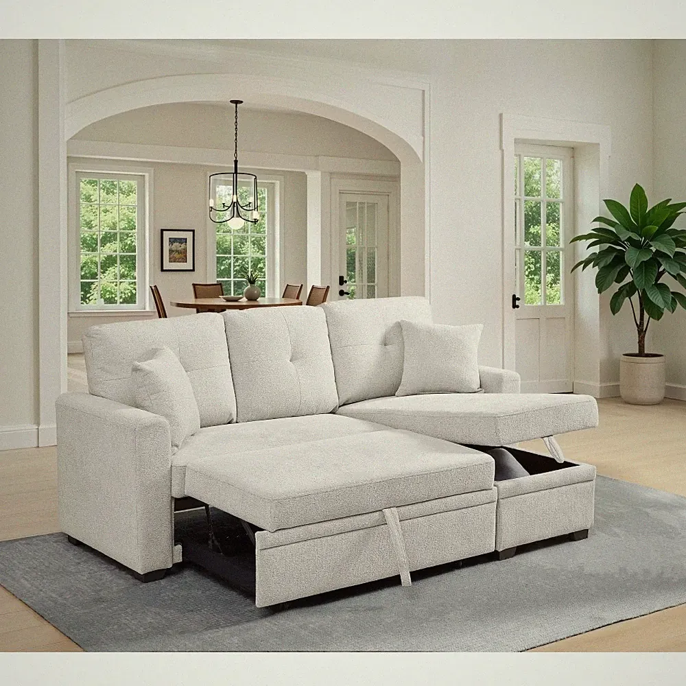 Linen Blend Upholstered Sectional Sofa Bed with Chaise Storage