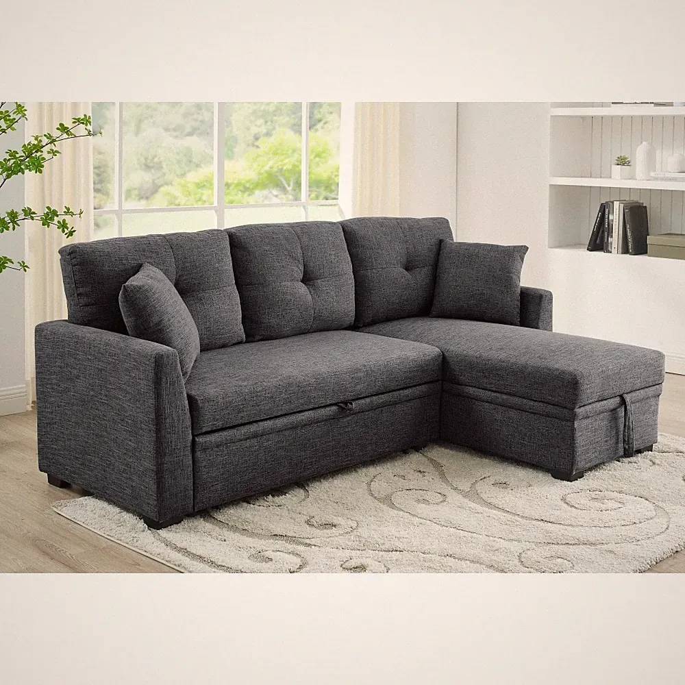 Linen Blend Upholstered Sectional with Pull-Out Bed and Chaise Storage DJYC1