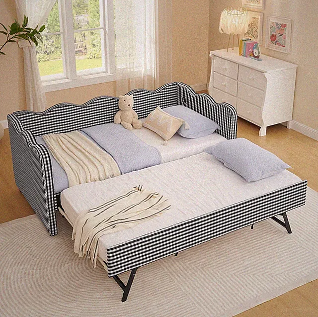 Linen Fabric Daybed with Trundle Twin Size Sofa Bed Slatted with USB Port Black