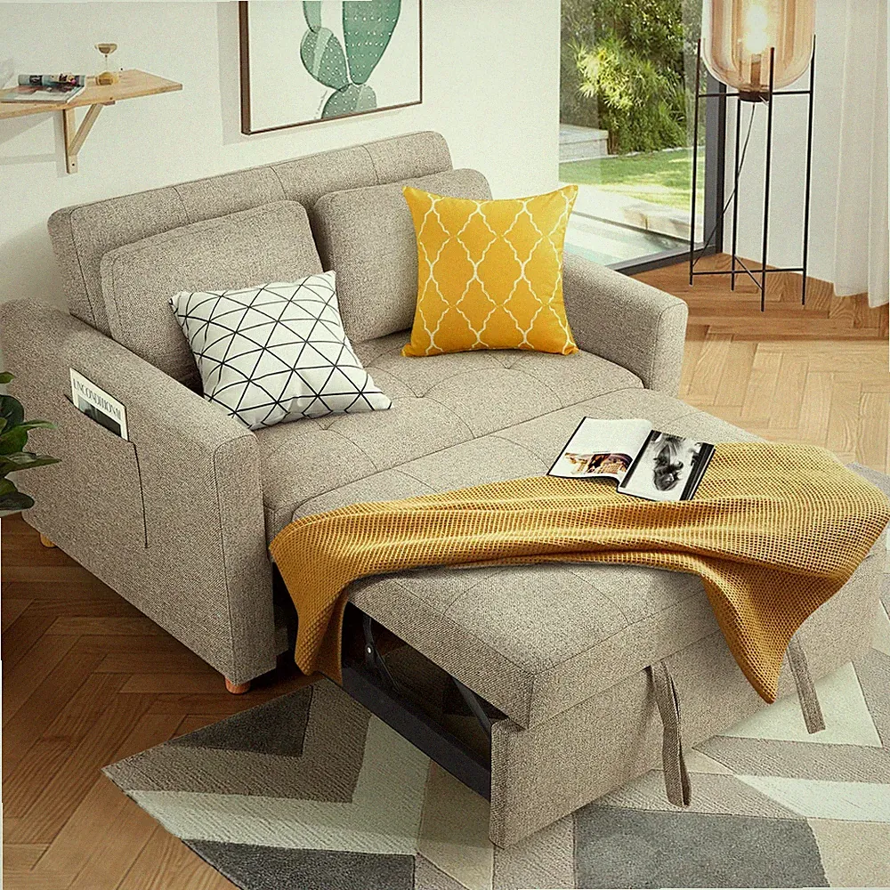 Linen Fabric Loveseat Sofa Bed with Adjustable Backrest, Chaise Lounge for Room