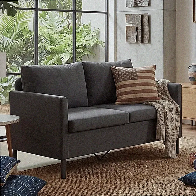 Linen Fabric Modern Small Loveseat Sofa Couch 51" W 2-Seater Iron Legs Dark Grey