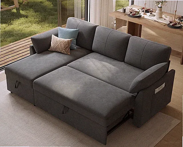 Linen Grey Sleeper Sofa Bed with Storage Chaise for Living & Guest Rooms