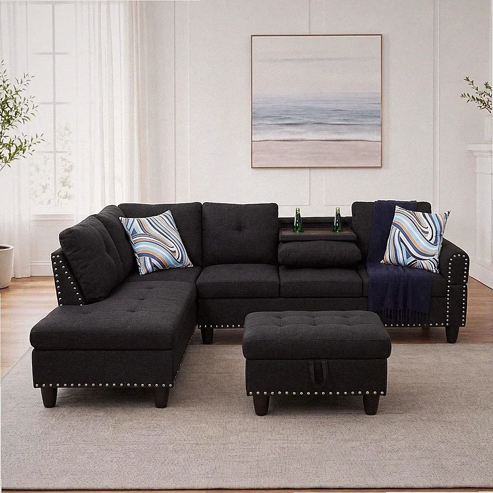 Linen L-Shaped Couch with 2 Cup Holders, Sectional Couches for Living Room, 3-Pi