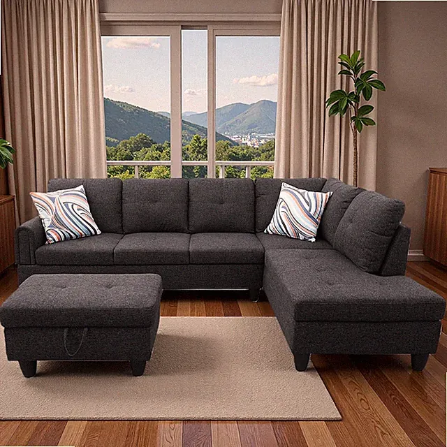 Linen L-Shaped Sectional Couch with Movable Chaise & Storage Ottoman, Black Grey