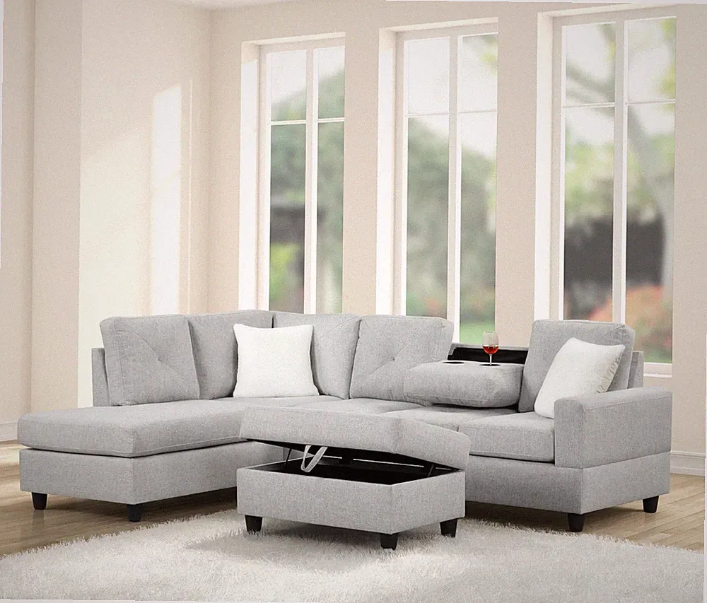 Linen L-Shaped Sectional Sofa, Gray 5 Seater w/ Drop Down Table & Cup Holders