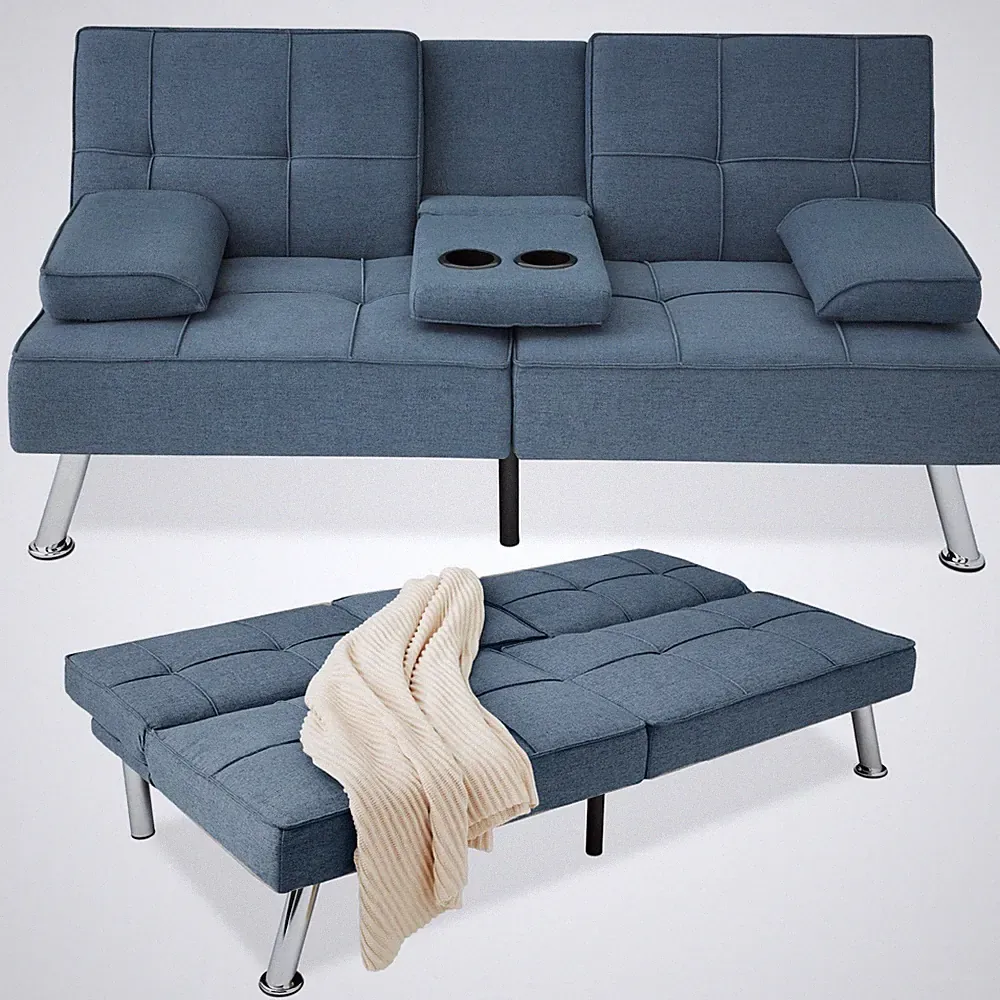 Linen Look Fabric Futon Sofa Bed 2 Cup Holders Best Choice Products