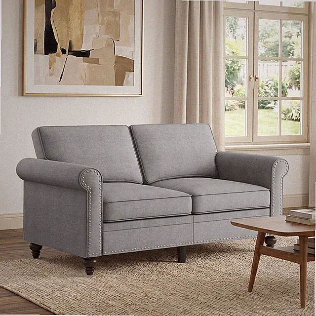 Linen Loveseat Sofa 2 Seater Couch Nailhead Trim Solid Wood Frame